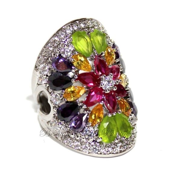 Ladies Wide Multi Citrine Rose Amethyst Clear CZ Flower Colorful Burst Ring 6 - Picture 5 of 6